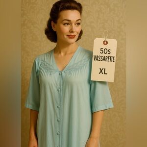 Vintage 1950s Vassarette Aqua Nylon Robe XL Satin Trim